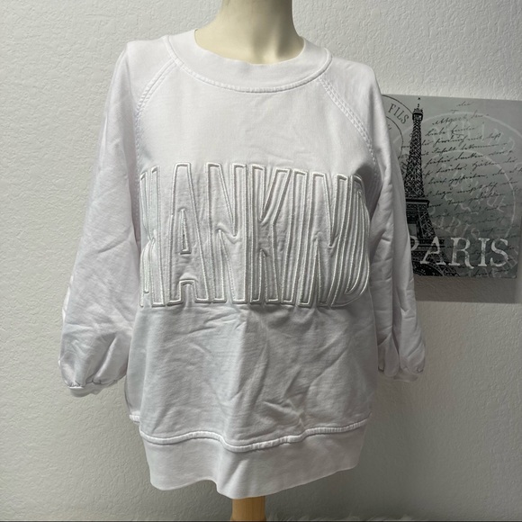 7 FAM | MANKIND EMBROIDERED 3/4 PUFF SLEEVE SWEATSHIRT IN WHITE SMALL - Picture 8 of 10